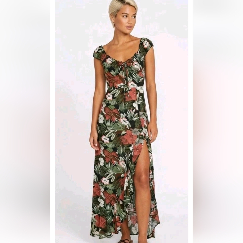 Volcom Women's M Tropical Black Floral Maxi Dress Front Slit Straps Stretch Back